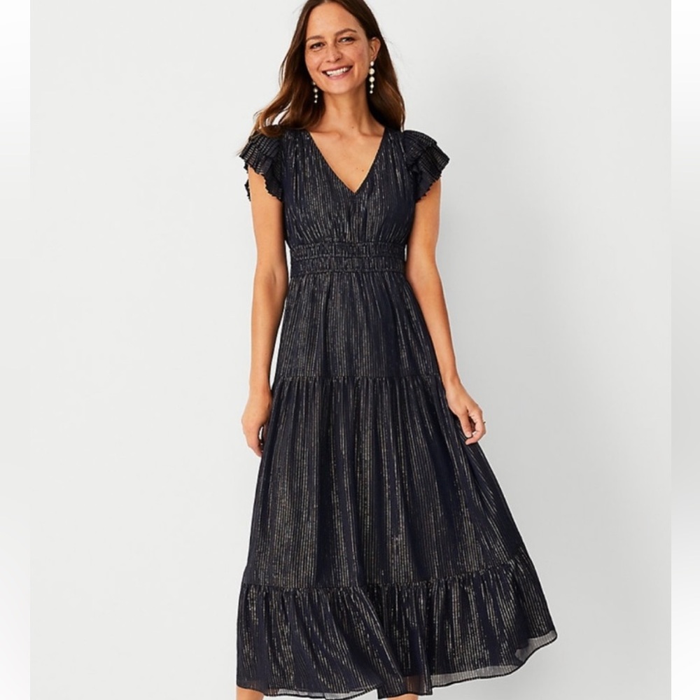 Ann Taylor Shimmer Stripe Flutter Sleeve Maxi Dress Navy Blue Size 2